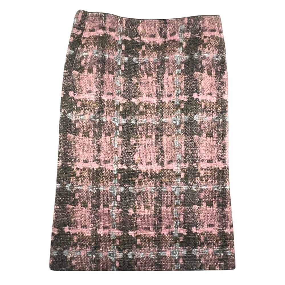 Lafayette 148 New York Pencil Skirt Womens 12 Pink Brown Plaid Tweed